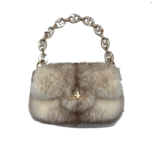 white and brown faux fur underarm bag
